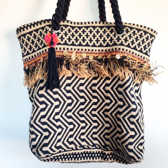 C&C California Woven Jute Tote Shoulder Bag Boho Fringe Navy Cream Coins Hippie - Picture 3 of 11